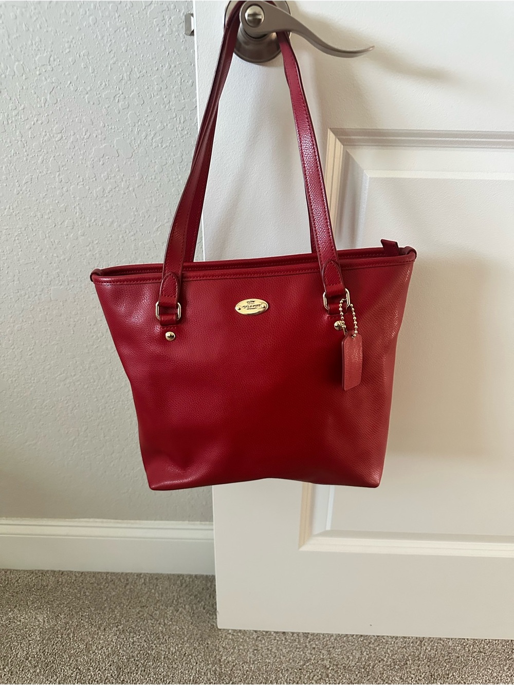 Red Leather Tote Bag with Gold Accents